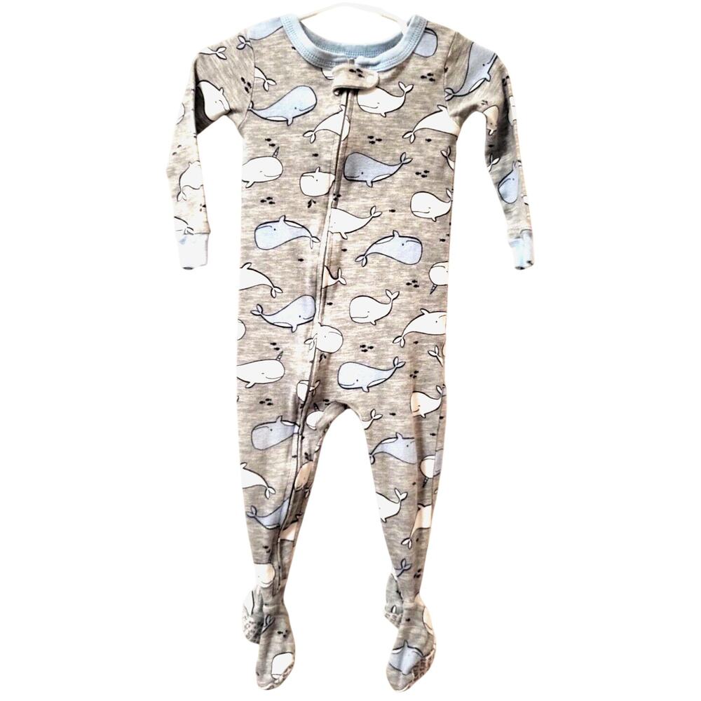 CARTERS Footed Sleeper 18 Months Heather Gray Cotton with White and Blue Whales